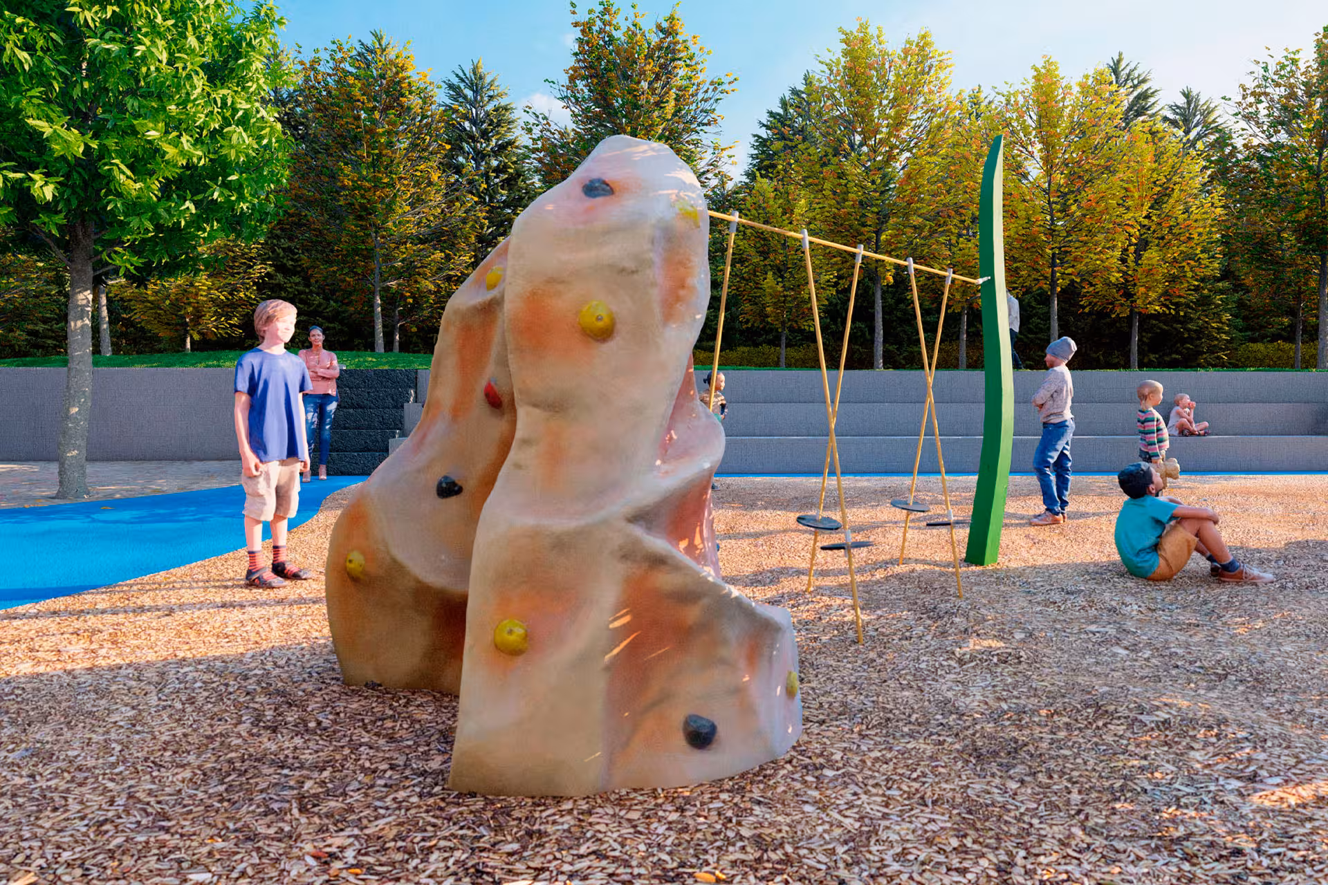 aire de jeux avec rocher et parcours escalade